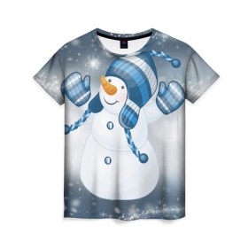 Женская футболка 3D с принтом С Новым годом! в Белгороде, 100% полиэфир ( синтетическое хлопкоподобное полотно) | прямой крой, круглый вырез горловины, длина до линии бедер | рождество | снеговик | снежинки