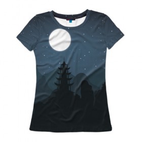 Женская футболка 3D с принтом Ночная пагода в Белгороде, 100% полиэфир ( синтетическое хлопкоподобное полотно) | прямой крой, круглый вырез горловины, длина до линии бедер | восточный | горы | луна | пейзаж