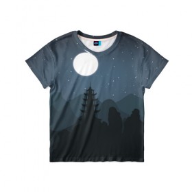 Детская футболка 3D с принтом Ночная пагода в Белгороде, 100% гипоаллергенный полиэфир | прямой крой, круглый вырез горловины, длина до линии бедер, чуть спущенное плечо, ткань немного тянется | восточный | горы | луна | пейзаж
