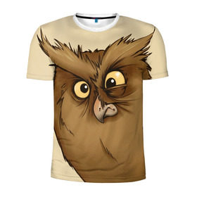 Мужская футболка 3D спортивная с принтом Грустная сова в Белгороде, 100% полиэстер с улучшенными характеристиками | приталенный силуэт, круглая горловина, широкие плечи, сужается к линии бедра | глаза | клюв | пернатые | перья | прикольные картинки | птица | сова