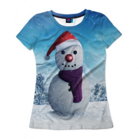 Женская футболка 3D с принтом Снеговик в Белгороде, 100% полиэфир ( синтетическое хлопкоподобное полотно) | прямой крой, круглый вырез горловины, длина до линии бедер | happy new year | блеск | ёлка | зима | игрушки. праздник | конфетти | новый год | подарки | снег