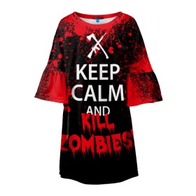 Детское платье 3D с принтом Keep Calm & Kill Zombies в Белгороде, 100% полиэстер | прямой силуэт, чуть расширенный к низу. Круглая горловина, на рукавах — воланы | Тематика изображения на принте: bone | carl | rick | skelet | skull | walking dead | zombie | граймс | зомби | карл | нежить | нечисть | рик | скелет | ходячие мертвецы | череп