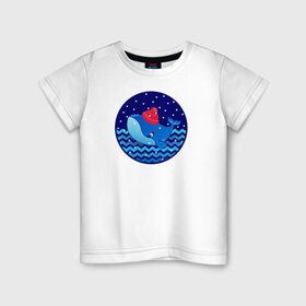 Детская футболка хлопок с принтом Синий кит зимой в Белгороде, 100% хлопок | круглый вырез горловины, полуприлегающий силуэт, длина до линии бедер | большой синий кит | волны | зима | новый год | океан | синий кит в шапке | снег