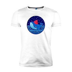 Мужская футболка премиум с принтом Синий кит зимой в Белгороде, 92% хлопок, 8% лайкра | приталенный силуэт, круглый вырез ворота, длина до линии бедра, короткий рукав | Тематика изображения на принте: большой синий кит | волны | зима | новый год | океан | синий кит в шапке | снег