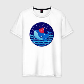 Мужская футболка хлопок с принтом Синий кит зимой в Белгороде, 100% хлопок | прямой крой, круглый вырез горловины, длина до линии бедер, слегка спущенное плечо. | Тематика изображения на принте: большой синий кит | волны | зима | новый год | океан | синий кит в шапке | снег