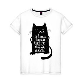 Женская футболка хлопок с принтом Черный кот в Белгороде, 100% хлопок | прямой крой, круглый вырез горловины, длина до линии бедер, слегка спущенное плечо | кот | котенок | кошка | мяу