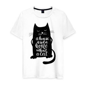 Мужская футболка хлопок с принтом Черный кот в Белгороде, 100% хлопок | прямой крой, круглый вырез горловины, длина до линии бедер, слегка спущенное плечо. | кот | котенок | кошка | мяу