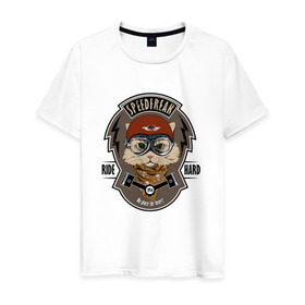 Мужская футболка хлопок с принтом Кот-гонщик в Белгороде, 100% хлопок | прямой крой, круглый вырез горловины, длина до линии бедер, слегка спущенное плечо. | гонки | кот | котенок | кошка | мотоцикл | мяу | шлем