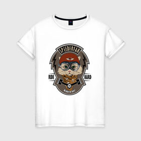 Женская футболка хлопок с принтом Кот-гонщик в Белгороде, 100% хлопок | прямой крой, круглый вырез горловины, длина до линии бедер, слегка спущенное плечо | гонки | кот | котенок | кошка | мотоцикл | мяу | шлем