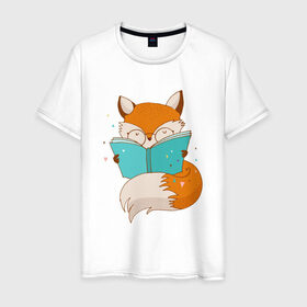 Мужская футболка хлопок с принтом Лисица с книгой в Белгороде, 100% хлопок | прямой крой, круглый вырез горловины, длина до линии бедер, слегка спущенное плечо. | лиса | лисенок | лисица | лисичка