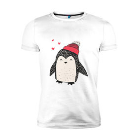 Мужская футболка премиум с принтом Пингвин в шапке в Белгороде, 92% хлопок, 8% лайкра | приталенный силуэт, круглый вырез ворота, длина до линии бедра, короткий рукав | christmas | new year | winter | зима | новый год | пингвин | рождество