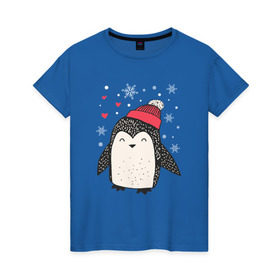 Женская футболка хлопок с принтом Пингвин в шапке в Белгороде, 100% хлопок | прямой крой, круглый вырез горловины, длина до линии бедер, слегка спущенное плечо | christmas | new year | winter | зима | новый год | пингвин | рождество