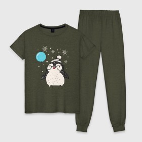 Женская пижама хлопок с принтом Пингвин с шариком в Белгороде, 100% хлопок | брюки и футболка прямого кроя, без карманов, на брюках мягкая резинка на поясе и по низу штанин | christmas | new year | winter | зима | новый год | пингвин | рождество