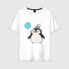 Женская футболка хлопок Oversize с принтом Пингвин с шариком в Белгороде, 100% хлопок | свободный крой, круглый ворот, спущенный рукав, длина до линии бедер
 | christmas | new year | winter | зима | новый год | пингвин | рождество