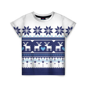 Детская футболка 3D с принтом Скандинавские олени в Белгороде, 100% гипоаллергенный полиэфир | прямой крой, круглый вырез горловины, длина до линии бедер, чуть спущенное плечо, ткань немного тянется | deer | heart | holiday | new year | ornament | scandinavian | snowflakes | winter | зима | новый год | олени | орнамент | праздник | сердце | скандинавские | снежинки