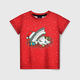 Детская футболка 3D с принтом Акула Дед Мороз в Белгороде, 100% гипоаллергенный полиэфир | прямой крой, круглый вырез горловины, длина до линии бедер, чуть спущенное плечо, ткань немного тянется | christmas | new year | shark | новый год | рождество | санта