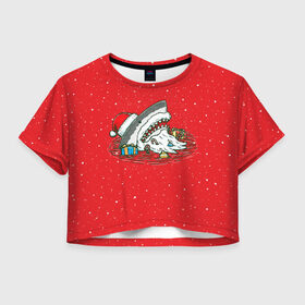 Женская футболка 3D укороченная с принтом Акула Дед Мороз в Белгороде, 100% полиэстер | круглая горловина, длина футболки до линии талии, рукава с отворотами | Тематика изображения на принте: christmas | new year | shark | новый год | рождество | санта