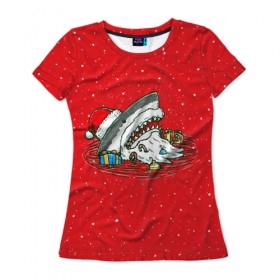 Женская футболка 3D с принтом Акула Дед Мороз в Белгороде, 100% полиэфир ( синтетическое хлопкоподобное полотно) | прямой крой, круглый вырез горловины, длина до линии бедер | christmas | new year | shark | новый год | рождество | санта