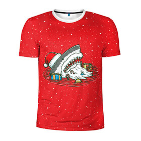 Мужская футболка 3D спортивная с принтом Акула Дед Мороз в Белгороде, 100% полиэстер с улучшенными характеристиками | приталенный силуэт, круглая горловина, широкие плечи, сужается к линии бедра | Тематика изображения на принте: christmas | new year | shark | новый год | рождество | санта
