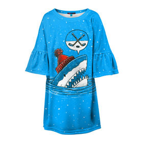 Детское платье 3D с принтом Акула хоккейный фанат в Белгороде, 100% полиэстер | прямой силуэт, чуть расширенный к низу. Круглая горловина, на рукавах — воланы | fan | fish | hochey | ocean | predator | sea | shark | water | акула | вода | игра | лед | море | океан | рыба | фанат | хищник | хоккей | шайба