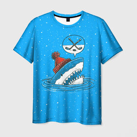 Мужская футболка 3D с принтом Акула хоккейный фанат в Белгороде, 100% полиэфир | прямой крой, круглый вырез горловины, длина до линии бедер | fan | fish | hochey | ocean | predator | sea | shark | water | акула | вода | игра | лед | море | океан | рыба | фанат | хищник | хоккей | шайба