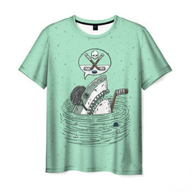 Мужская футболка 3D с принтом Акула хоккеист в Белгороде, 100% полиэфир | прямой крой, круглый вырез горловины, длина до линии бедер | fan | fish | hochey | ocean | predator | sea | shark | water | акула | вода | игра | лед | море | океан | рыба | фанат | хищник | хоккей | шайба