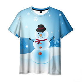 Мужская футболка 3D с принтом Снеговик в Белгороде, 100% полиэфир | прямой крой, круглый вырез горловины, длина до линии бедер | дед мороз | зима | новый год | праздник | снеговик | снежинки