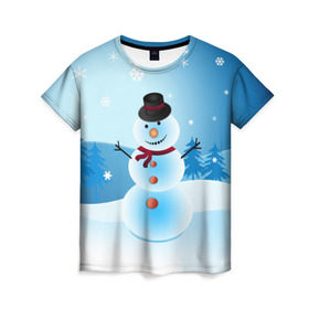 Женская футболка 3D с принтом Снеговик в Белгороде, 100% полиэфир ( синтетическое хлопкоподобное полотно) | прямой крой, круглый вырез горловины, длина до линии бедер | дед мороз | зима | новый год | праздник | снеговик | снежинки