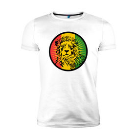 Мужская футболка премиум с принтом Ямайский лев в Белгороде, 92% хлопок, 8% лайкра | приталенный силуэт, круглый вырез ворота, длина до линии бедра, короткий рукав | лев | раста | ямайка