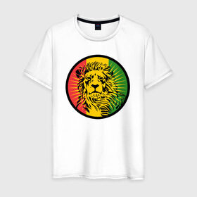 Мужская футболка хлопок с принтом Ямайский лев в Белгороде, 100% хлопок | прямой крой, круглый вырез горловины, длина до линии бедер, слегка спущенное плечо. | лев | раста | ямайка
