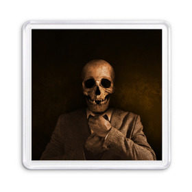 Магнит 55*55 с принтом Скелет в пиджаке в Белгороде, Пластик | Размер: 65*65 мм; Размер печати: 55*55 мм | кости | пиджак | скелет | ужас | череп