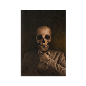 Обложка для паспорта матовая кожа с принтом Скелет в пиджаке в Белгороде, натуральная матовая кожа | размер 19,3 х 13,7 см; прозрачные пластиковые крепления | кости | пиджак | скелет | ужас | череп