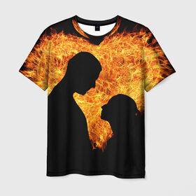 Мужская футболка 3D с принтом Огненная любовь в Белгороде, 100% полиэфир | прямой крой, круглый вырез горловины, длина до линии бедер | Тематика изображения на принте: любовь | огонь | пламя | сердце | танец