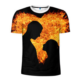 Мужская футболка 3D спортивная с принтом Огненная любовь в Белгороде, 100% полиэстер с улучшенными характеристиками | приталенный силуэт, круглая горловина, широкие плечи, сужается к линии бедра | Тематика изображения на принте: любовь | огонь | пламя | сердце | танец