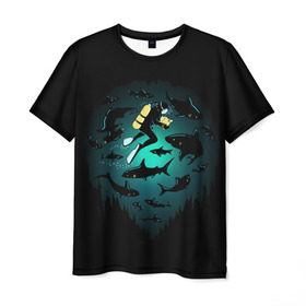 Мужская футболка 3D с принтом Подводный мир в Белгороде, 100% полиэфир | прямой крой, круглый вырез горловины, длина до линии бедер | fish | ocean | predator | sea | shark | under | акула | вода | дайвер | дайвинг | море | океан | рыба | хищник