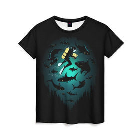 Женская футболка 3D с принтом Подводный мир в Белгороде, 100% полиэфир ( синтетическое хлопкоподобное полотно) | прямой крой, круглый вырез горловины, длина до линии бедер | fish | ocean | predator | sea | shark | under | акула | вода | дайвер | дайвинг | море | океан | рыба | хищник
