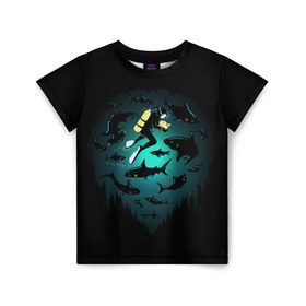 Детская футболка 3D с принтом Подводный мир в Белгороде, 100% гипоаллергенный полиэфир | прямой крой, круглый вырез горловины, длина до линии бедер, чуть спущенное плечо, ткань немного тянется | Тематика изображения на принте: fish | ocean | predator | sea | shark | under | акула | вода | дайвер | дайвинг | море | океан | рыба | хищник