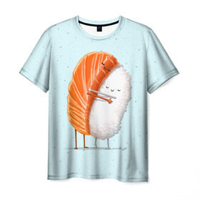 Мужская футболка 3D с принтом Суши друзья в Белгороде, 100% полиэфир | прямой крой, круглый вырез горловины, длина до линии бедер | Тематика изображения на принте: china | eat | fish | food | japan | sushi | лосось | прикол | рис | ролл | рыба | суши