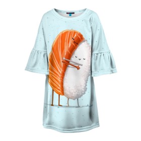Детское платье 3D с принтом Суши друзья в Белгороде, 100% полиэстер | прямой силуэт, чуть расширенный к низу. Круглая горловина, на рукавах — воланы | china | eat | fish | food | japan | sushi | лосось | прикол | рис | ролл | рыба | суши