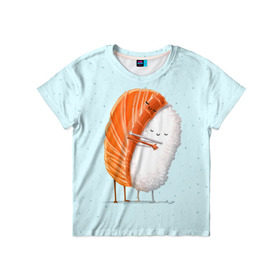 Детская футболка 3D с принтом Суши друзья в Белгороде, 100% гипоаллергенный полиэфир | прямой крой, круглый вырез горловины, длина до линии бедер, чуть спущенное плечо, ткань немного тянется | Тематика изображения на принте: china | eat | fish | food | japan | sushi | лосось | прикол | рис | ролл | рыба | суши