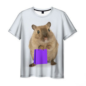 Мужская футболка 3D с принтом Хомяк с сумкой в Белгороде, 100% полиэфир | прямой крой, круглый вырез горловины, длина до линии бедер | грызун | животные | крыса | мышь | хомяк | яблоко