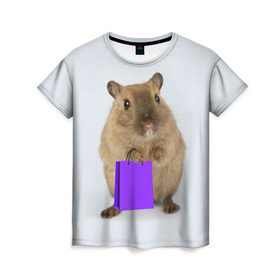 Женская футболка 3D с принтом Хомяк с сумкой в Белгороде, 100% полиэфир ( синтетическое хлопкоподобное полотно) | прямой крой, круглый вырез горловины, длина до линии бедер | грызун | животные | крыса | мышь | хомяк | яблоко