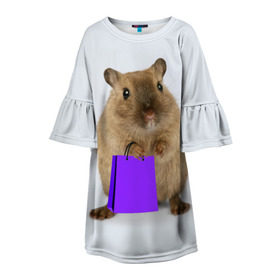 Детское платье 3D с принтом Хомяк с сумкой в Белгороде, 100% полиэстер | прямой силуэт, чуть расширенный к низу. Круглая горловина, на рукавах — воланы | Тематика изображения на принте: грызун | животные | крыса | мышь | хомяк | яблоко