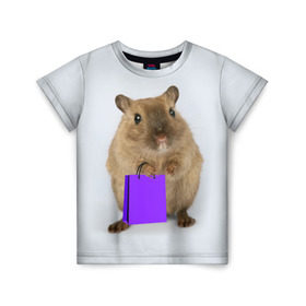 Детская футболка 3D с принтом Хомяк с сумкой в Белгороде, 100% гипоаллергенный полиэфир | прямой крой, круглый вырез горловины, длина до линии бедер, чуть спущенное плечо, ткань немного тянется | Тематика изображения на принте: грызун | животные | крыса | мышь | хомяк | яблоко