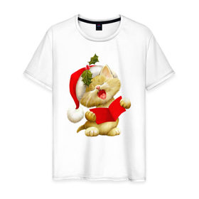 Мужская футболка хлопок с принтом Новогодний котенок в Белгороде, 100% хлопок | прямой крой, круглый вырез горловины, длина до линии бедер, слегка спущенное плечо. | 