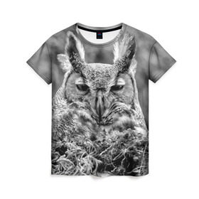 Женская футболка 3D с принтом Филин в Белгороде, 100% полиэфир ( синтетическое хлопкоподобное полотно) | прямой крой, круглый вырез горловины, длина до линии бедер | bird | nest | night | nocturnal | owl | predator | гнездо | ночной | птица | сова | филин | хищник
