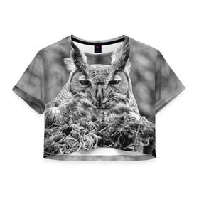 Женская футболка 3D укороченная с принтом Филин в Белгороде, 100% полиэстер | круглая горловина, длина футболки до линии талии, рукава с отворотами | bird | nest | night | nocturnal | owl | predator | гнездо | ночной | птица | сова | филин | хищник