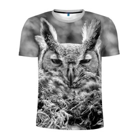 Мужская футболка 3D спортивная с принтом Филин в Белгороде, 100% полиэстер с улучшенными характеристиками | приталенный силуэт, круглая горловина, широкие плечи, сужается к линии бедра | bird | nest | night | nocturnal | owl | predator | гнездо | ночной | птица | сова | филин | хищник