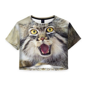 Женская футболка 3D укороченная с принтом Дикий кот в Белгороде, 100% полиэстер | круглая горловина, длина футболки до линии талии, рукава с отворотами | animal | cat | eyes | jaws | predator | teeth | wild | взгляд | дикий | животное | клыки | кот | пасть | хищник
