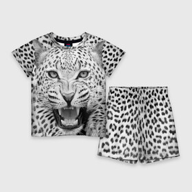 Детский костюм с шортами 3D с принтом Леопард в Белгороде,  |  | animal | eyes | jaws | leopard | malicious | predator | spotted | teeth | wild | взгляд | дикий | животное | злой | клыки | леопард | оскал | пасть | пятнистый | хищник